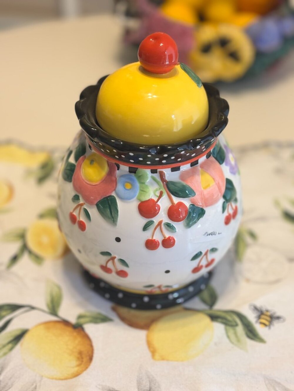 Vintage Mary Engelbreit Oh So Breit Canister Cookie Jar Yellow Lid 2000 Cherries
